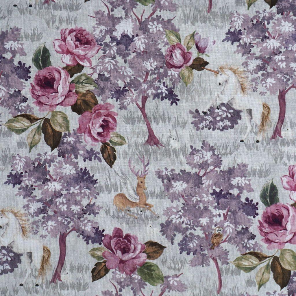 Baumwollstoff Motivdruck Einhorn Hirsch Rosen lila